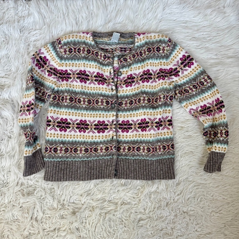 Vintage Heirloom Collectibles Fair Isle Cotton Ramie Knit Cardigan Sweater Med